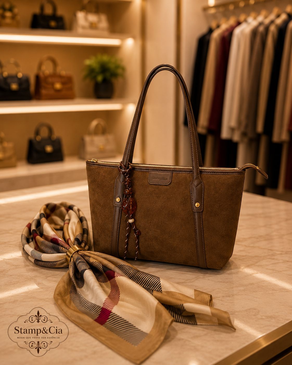 Bolsa Tote Suede Marrom + Lenço Xadrez