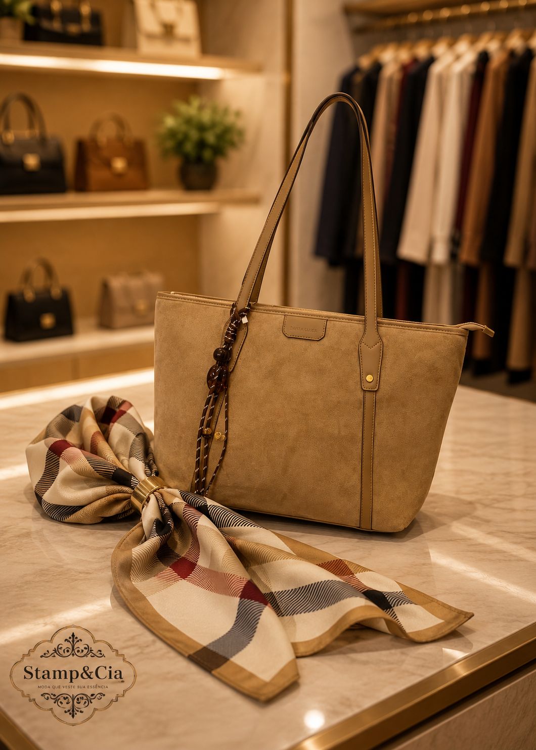 Bolsa Tote Camel + Lenço Xadrez