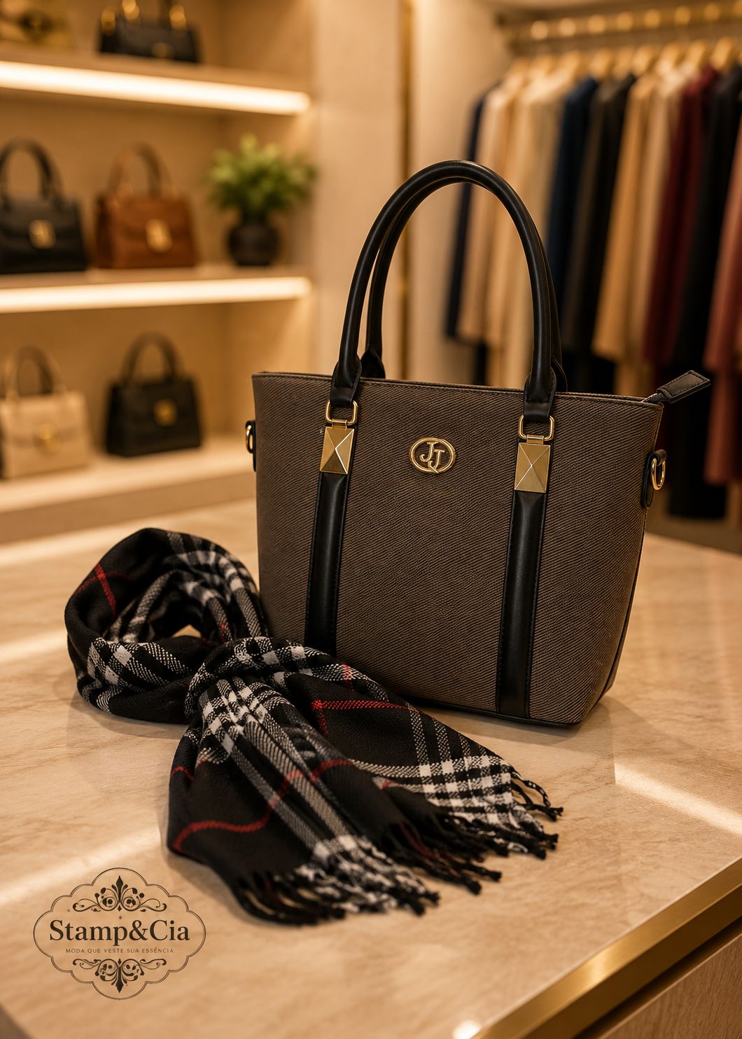 Bolsa Tote Cinza + Lenço Xadrez