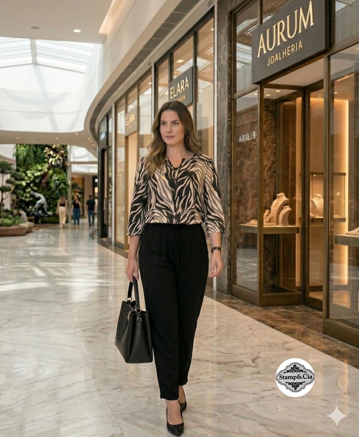 Camisa Estampada com Calça Preta