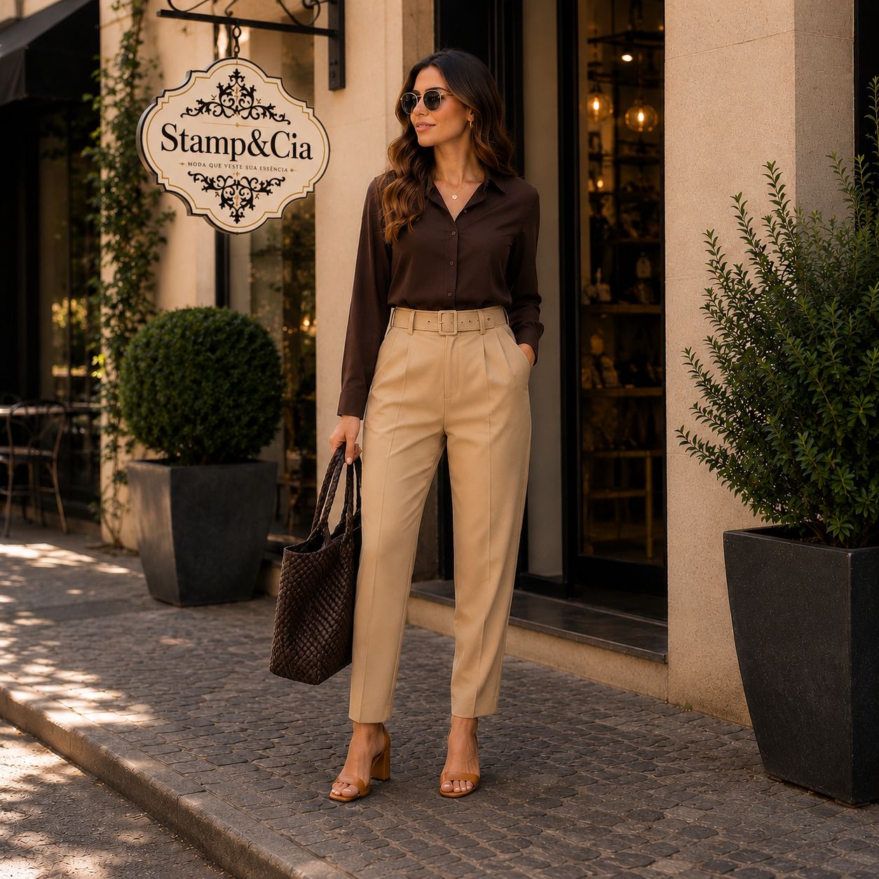Camisa Marrom com Calça Bege