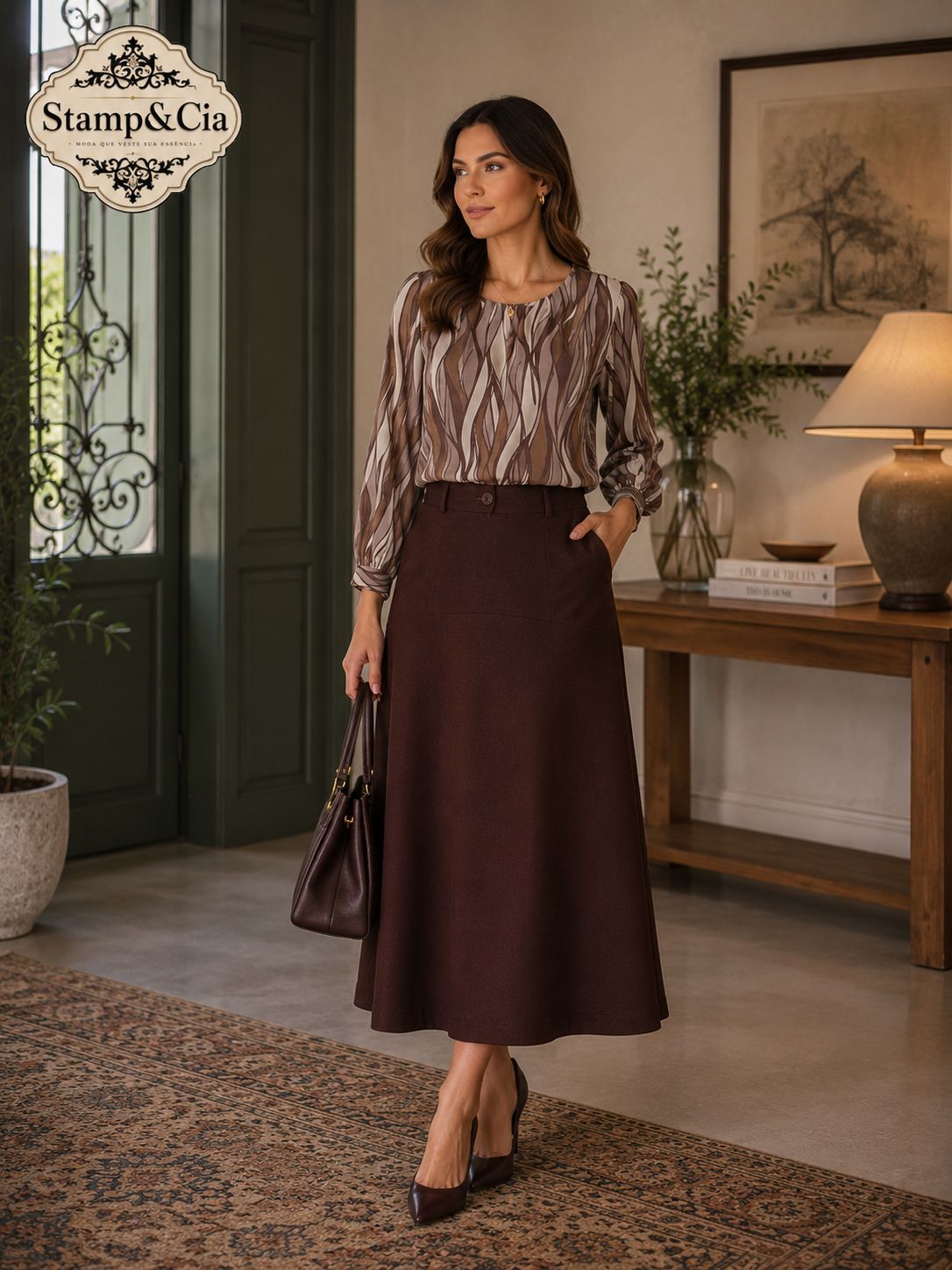 Blusa Estampada com Saia Midi Vinho