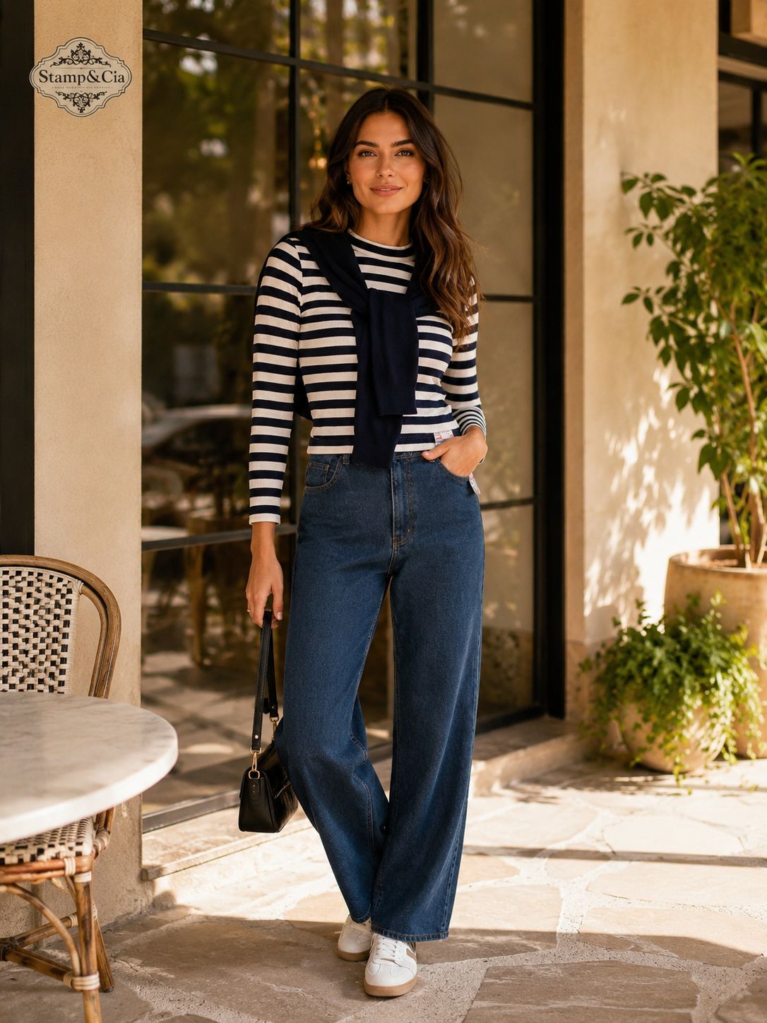 Blusa Listrada Marinho com Calça Jeans Wide