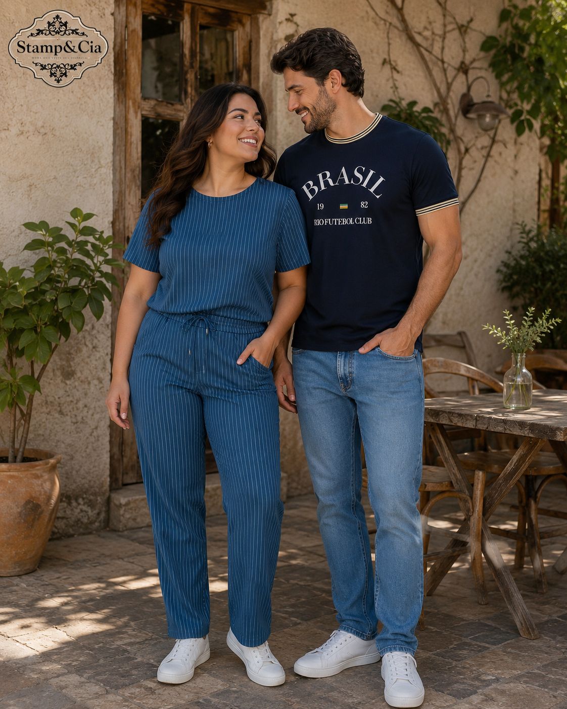 Blusa em crepe estampada, saia marrom