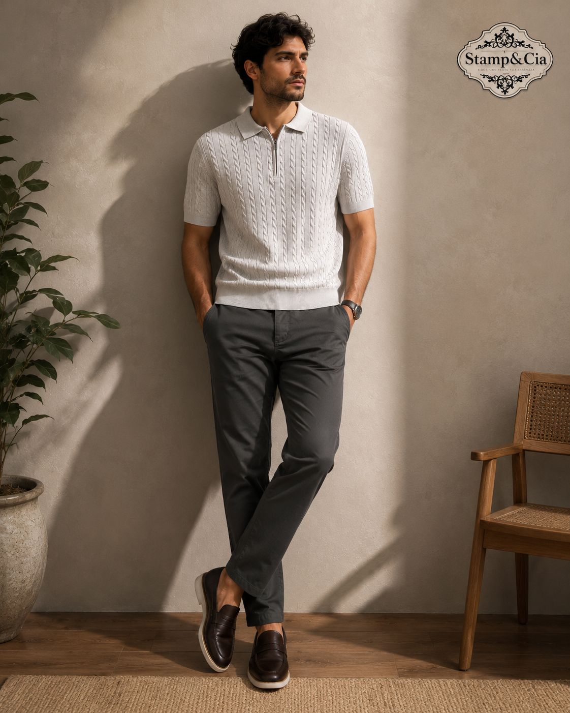 Polo branca com Calça cinza