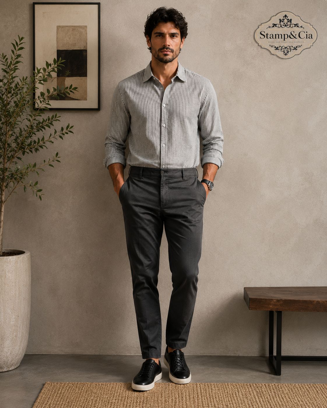 Camisa Listrada com Calça Grafite